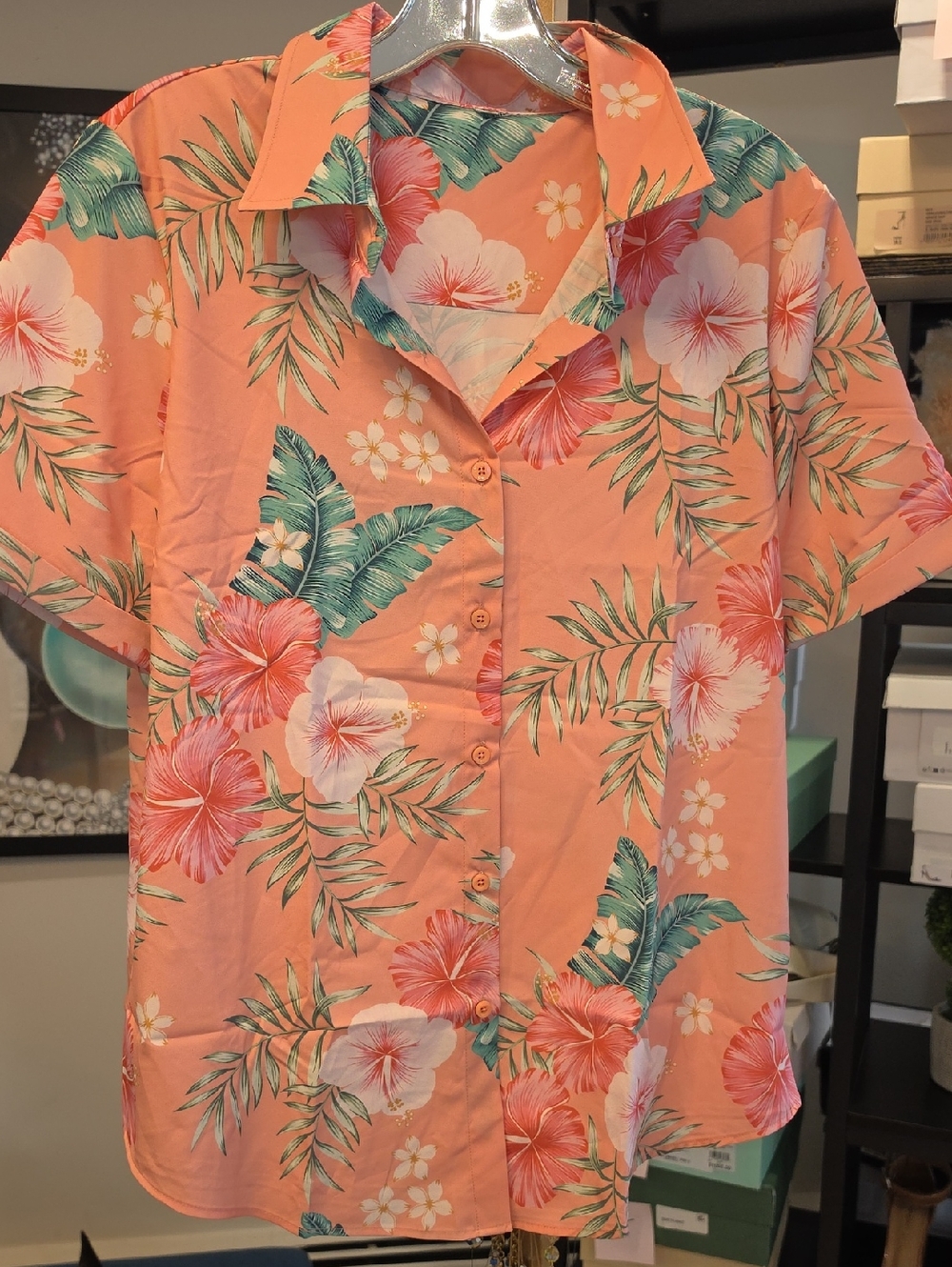 Men's Coral Hawaiian Floral Button-Up Shirt